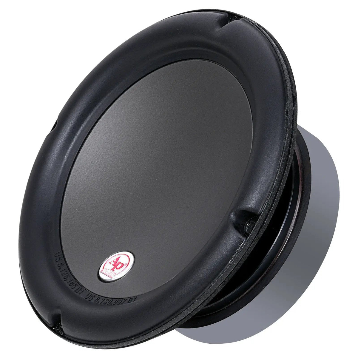 Angled front view of a black woofer with a smooth cone, thick surround and small AP badge