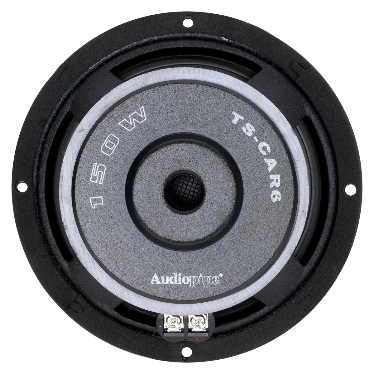 Rear view of an Audiopipe TS-CAR6 woofer with 150W marking, central mesh vent and two screw terminals