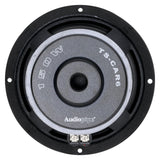 Rear view of an Audiopipe TS-CAR6 woofer with 150W marking, central mesh vent and two screw terminals