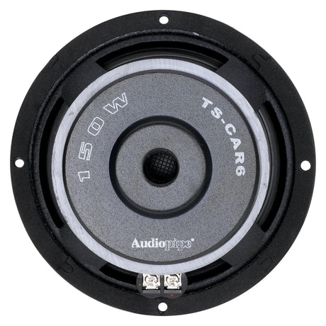 Rear view of an Audiopipe TS-CAR6 woofer with 150W marking, central mesh vent and two screw terminals