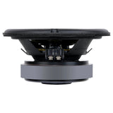 Side view of a black woofer showing its shallow basket, terminal block and gray magnet