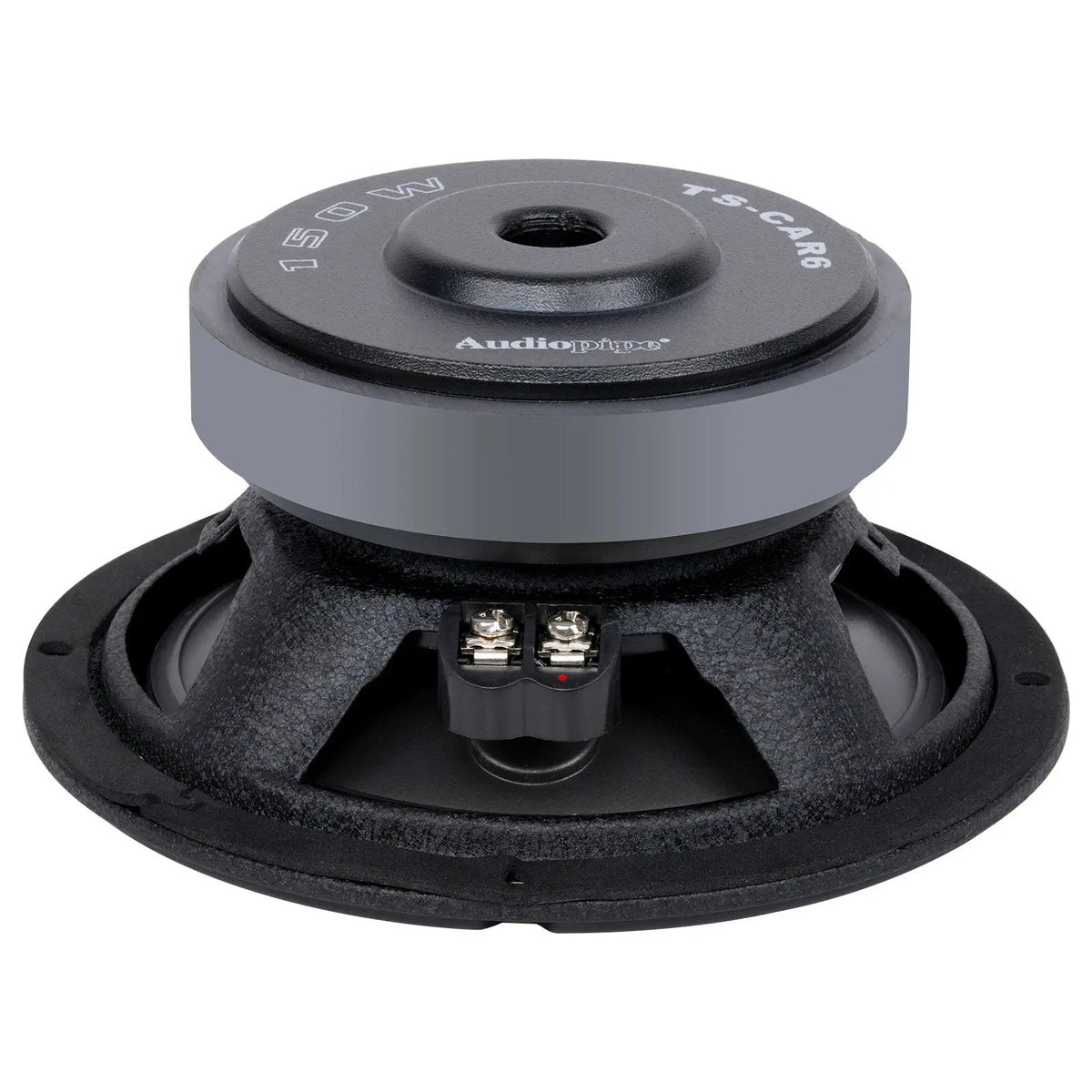 Rear angled view of a compact black woofer showing its gray magnet, open basket and two screw terminals