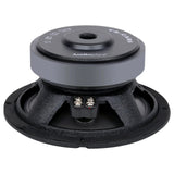 Rear angled view of a compact black woofer showing its gray magnet, open basket and two screw terminals