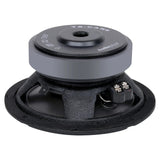 Rear angled view of a black woofer showing its vented gray magnet, basket and terminal block