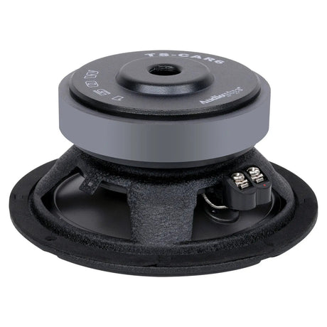 Rear angled view of a black woofer showing its vented gray magnet, basket and terminal block