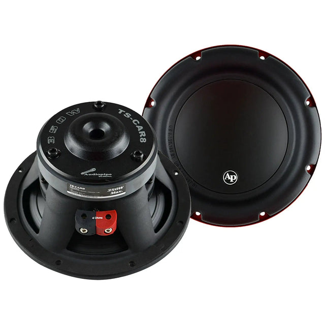 Front and rear views of an Audiopipe TS-CAR8 woofer, with 350W and 4-ohm rear markings
