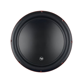 Audiopipe woofer front view showing a smooth black cone and broad surround
