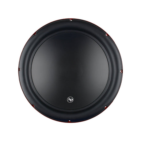 Audiopipe woofer front view showing a smooth black cone and broad surround