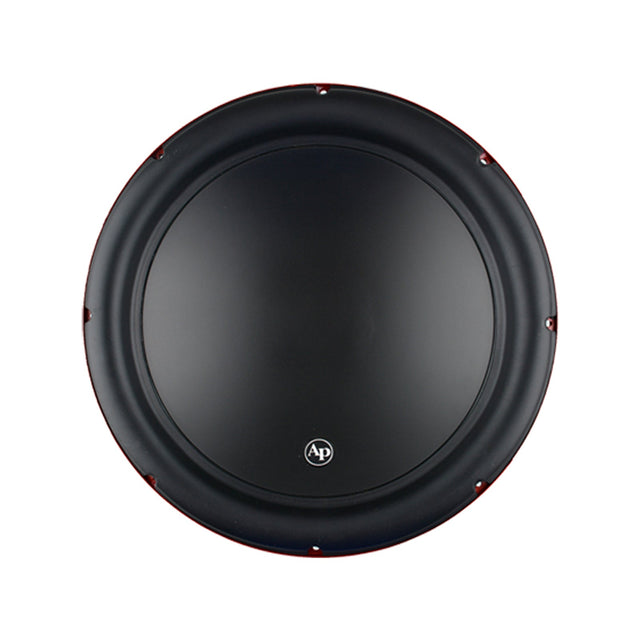 Audiopipe woofer front view showing a smooth black cone and broad surround