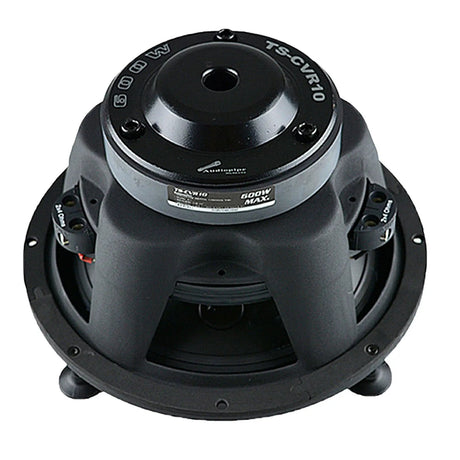 Rear angled view of an Audiopipe TS-CVR10 woofer with 600W MAX marking and two terminal blocks