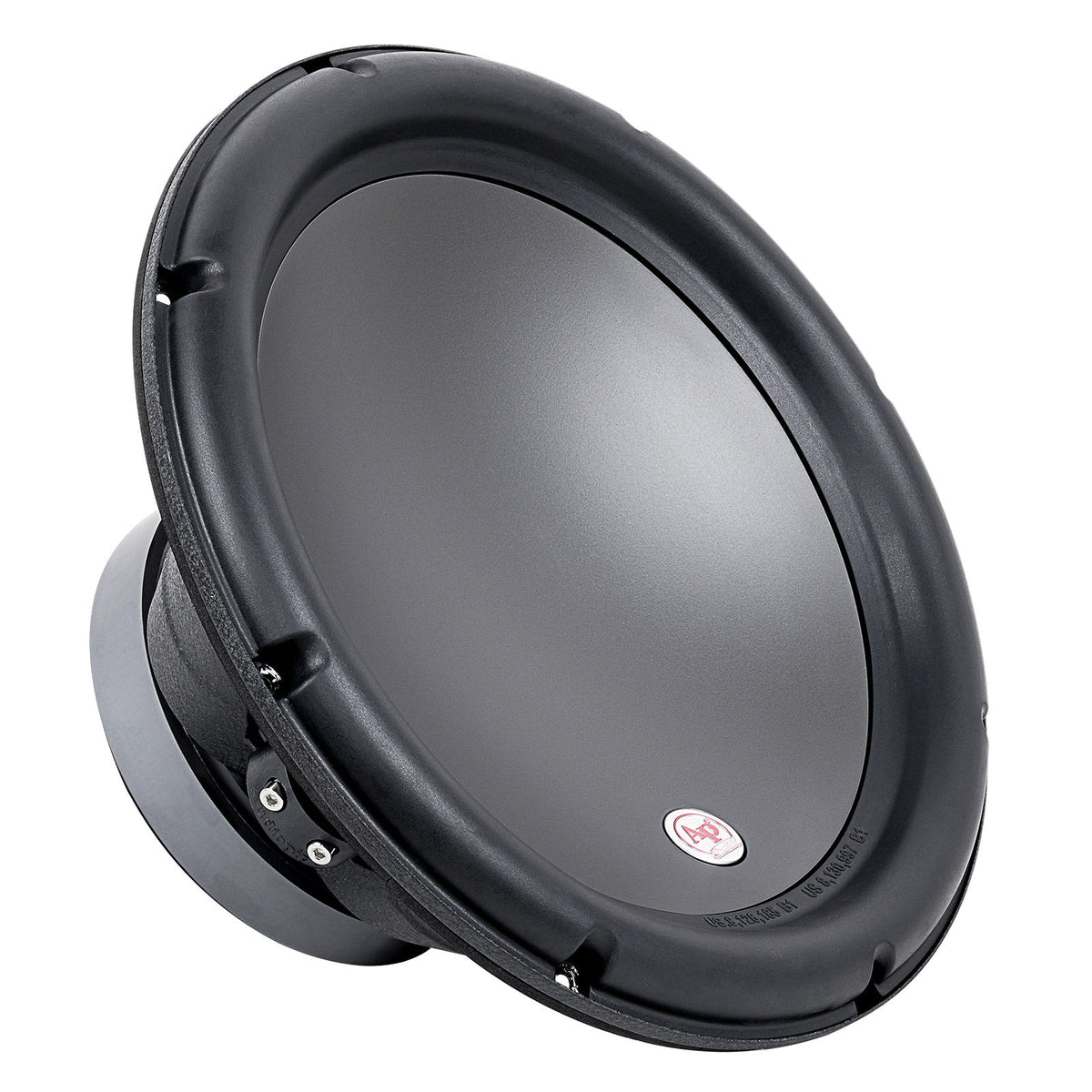 Angled front view of a black woofer with a smooth cone, thick surround and small AP badge