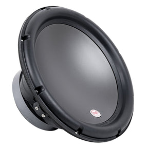 Angled front view of a black woofer with a smooth cone, thick surround and small AP badge