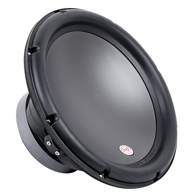 Angled front view of a black woofer with a smooth cone, thick surround and small AP badge