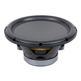 Audiopipe woofer angled side view showing its cone, basket, suspension and magnet