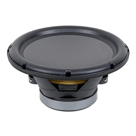 Audiopipe woofer angled side view showing its cone, basket, suspension and magnet