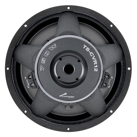 Rear view of an Audiopipe TS-CVR12 woofer with 750W marking and terminal blocks labelled 2x4 ohms