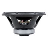 Side view of a black woofer showing its basket openings, red lead, terminal block and gray magnet