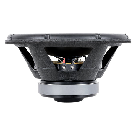 Side view of a black woofer showing its basket openings, red lead, terminal block and gray magnet