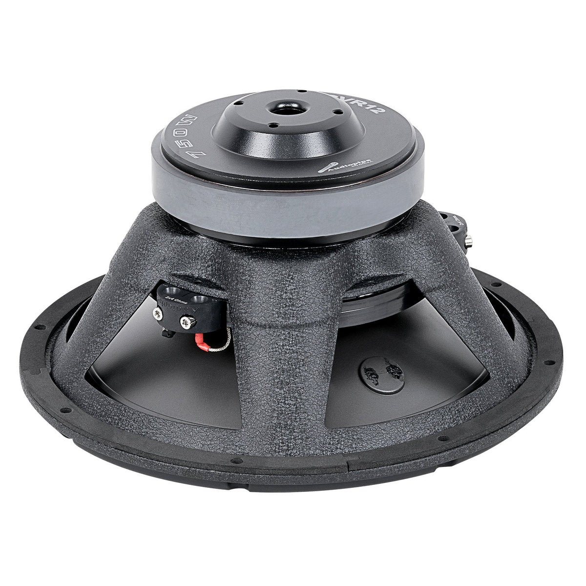 Rear angled view of a black woofer with a gray vented magnet and a terminal block at the left