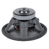Rear angled view of a black woofer with a gray vented magnet and a terminal block at the left