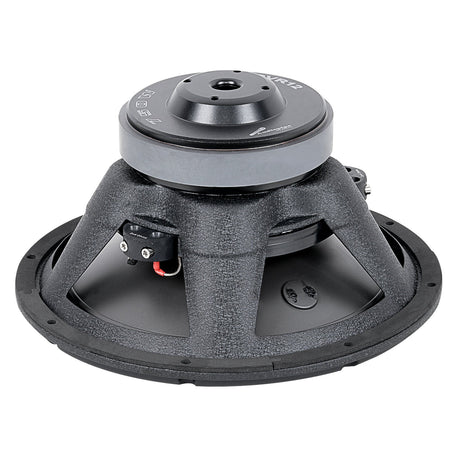 Rear angled view of a black woofer with a gray vented magnet and a terminal block at the left