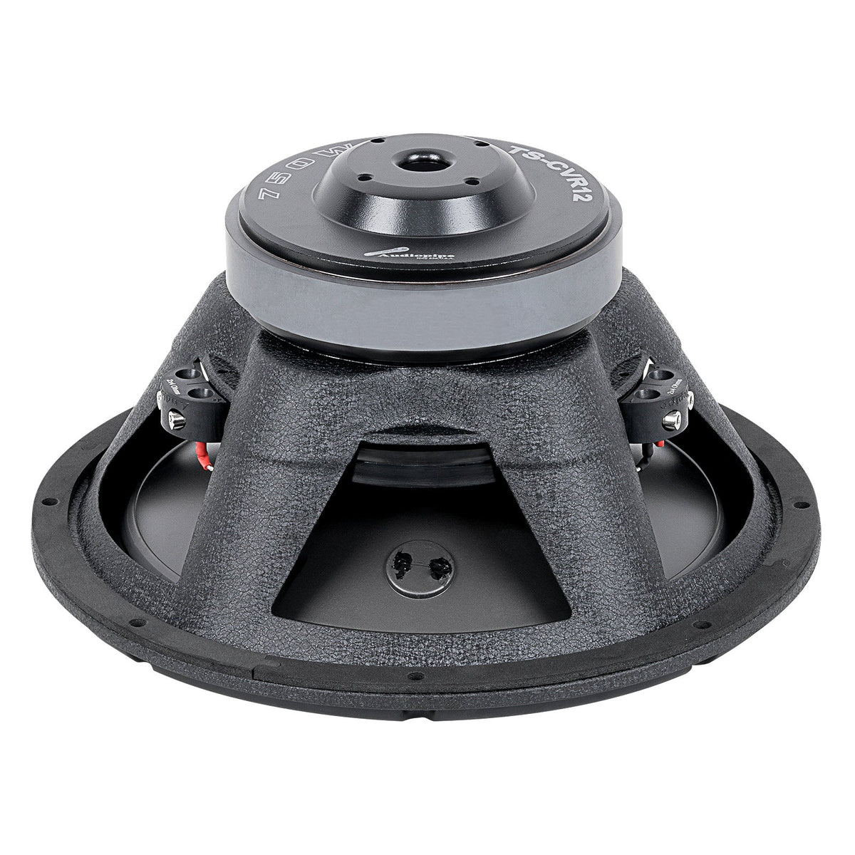 Rear view of a black woofer showing its vented gray magnet, open basket and terminal blocks on both sides