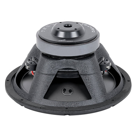 Rear view of a black woofer showing its vented gray magnet, open basket and terminal blocks on both sides