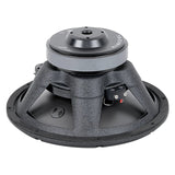 Rear angled view of a black woofer with a gray vented magnet and a terminal block at the right