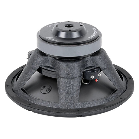 Rear angled view of a black woofer with a gray vented magnet and a terminal block at the right