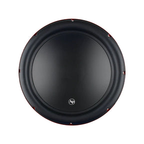 Audiopipe woofer front view showing a smooth black cone and broad surround