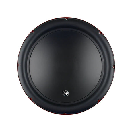 Audiopipe woofer front view showing a smooth black cone and broad surround