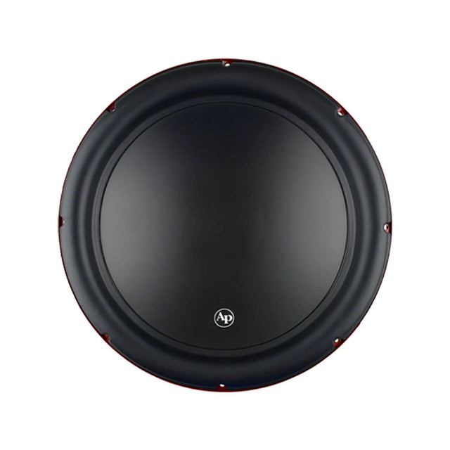 Audiopipe woofer front view showing a smooth black cone and broad surround