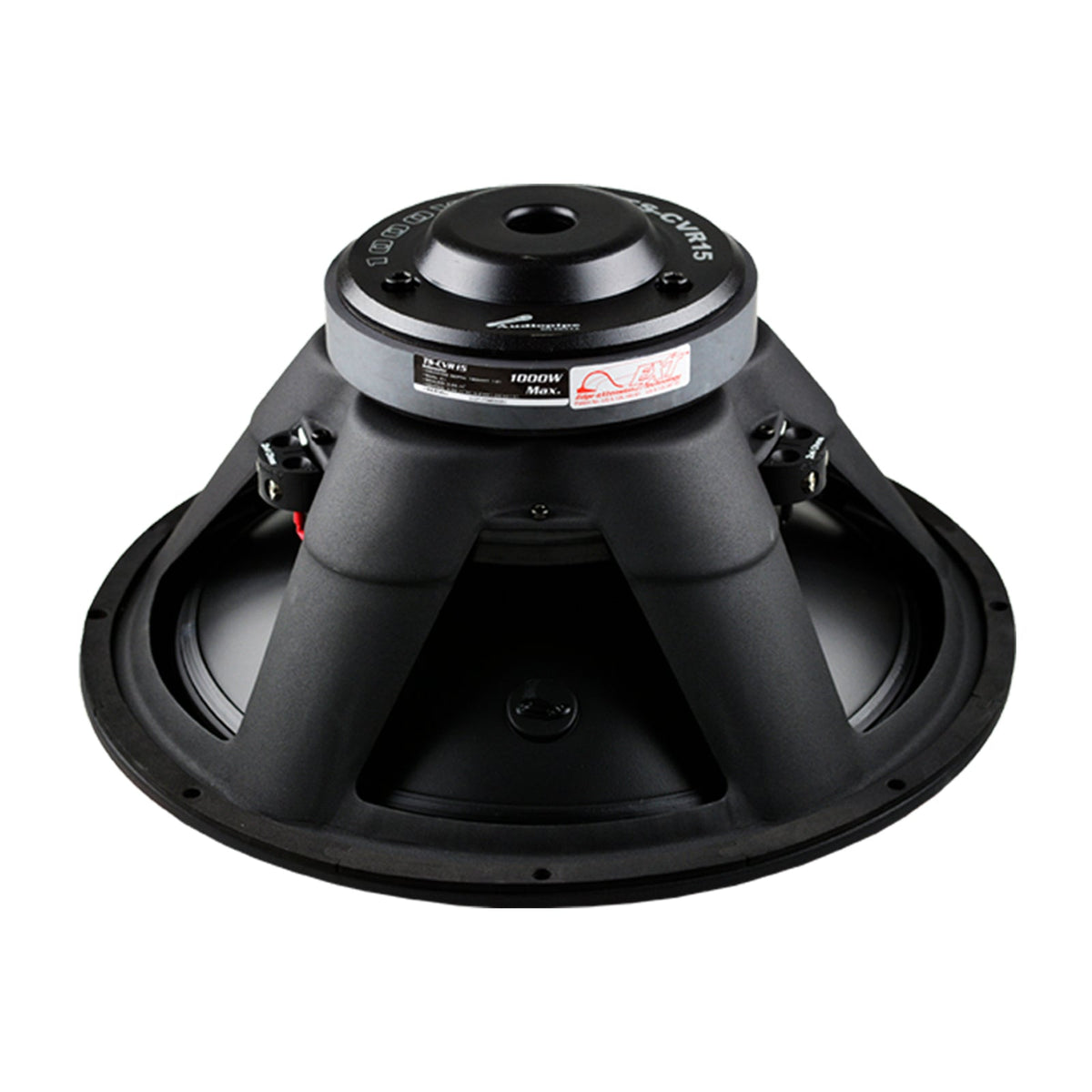 Rear angled view of an Audiopipe TS-CVR15 woofer with a vented magnet and two terminal blocks