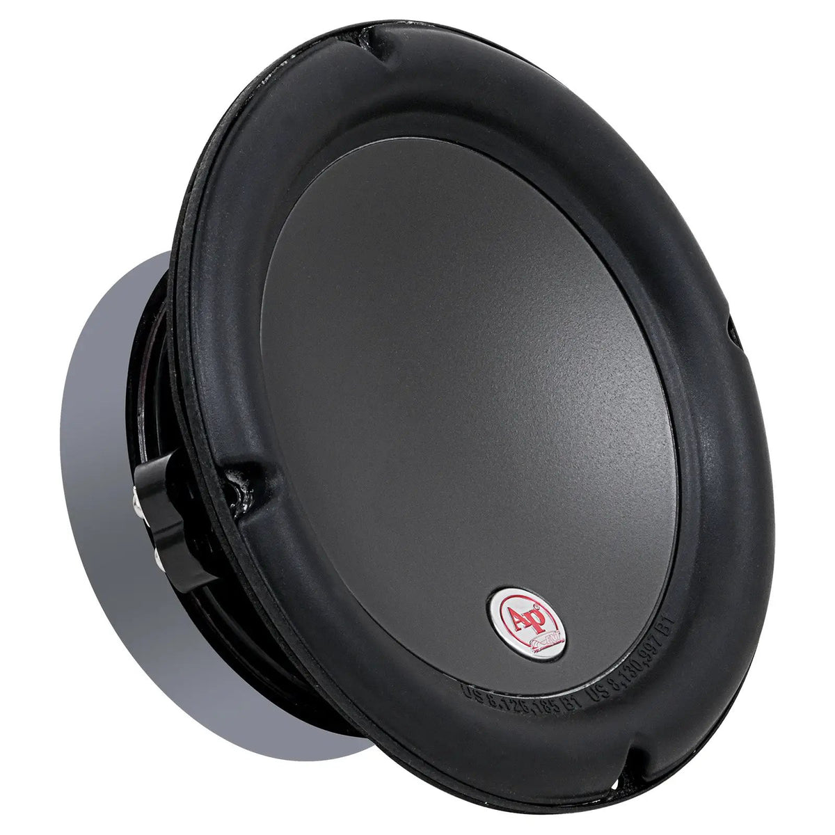 Angled front view of a black woofer with a smooth cone and small AP badge