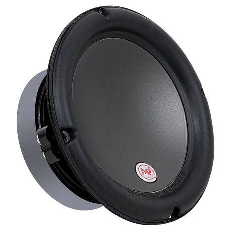 Angled front view of a black woofer with a smooth cone and small AP badge