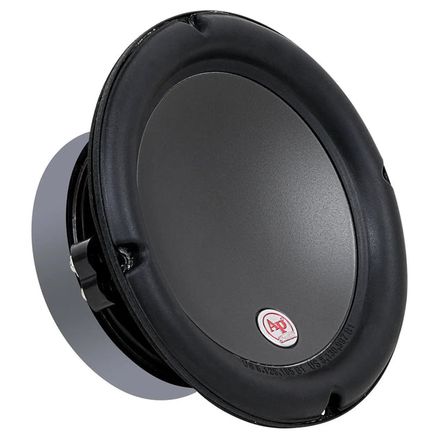 Angled front view of a black woofer with a smooth cone and small AP badge