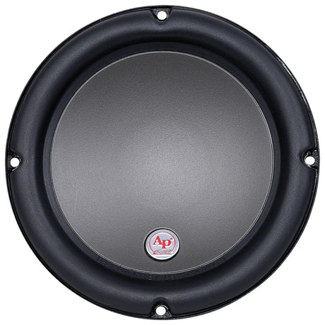 Front view of a black woofer with a smooth cone, thick surround and four mounting holes