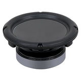 Low-angle woofer with a smooth gray cone, broad black surround and silver magnet assembly