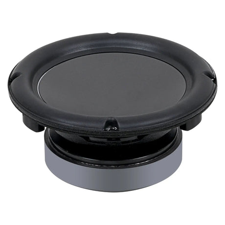 Low-angle woofer with a smooth gray cone, broad black surround and silver magnet assembly