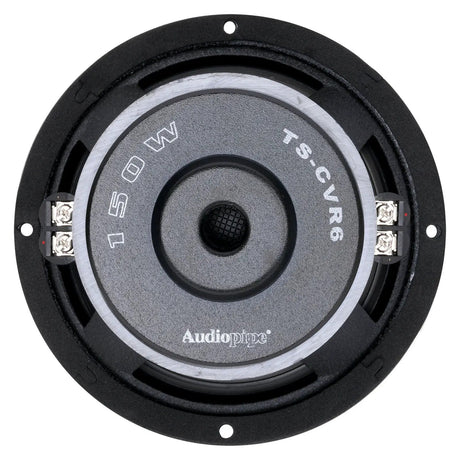 Rear view of an Audiopipe TS-CVR6 woofer with a 150W marking, central mesh vent and two terminal blocks