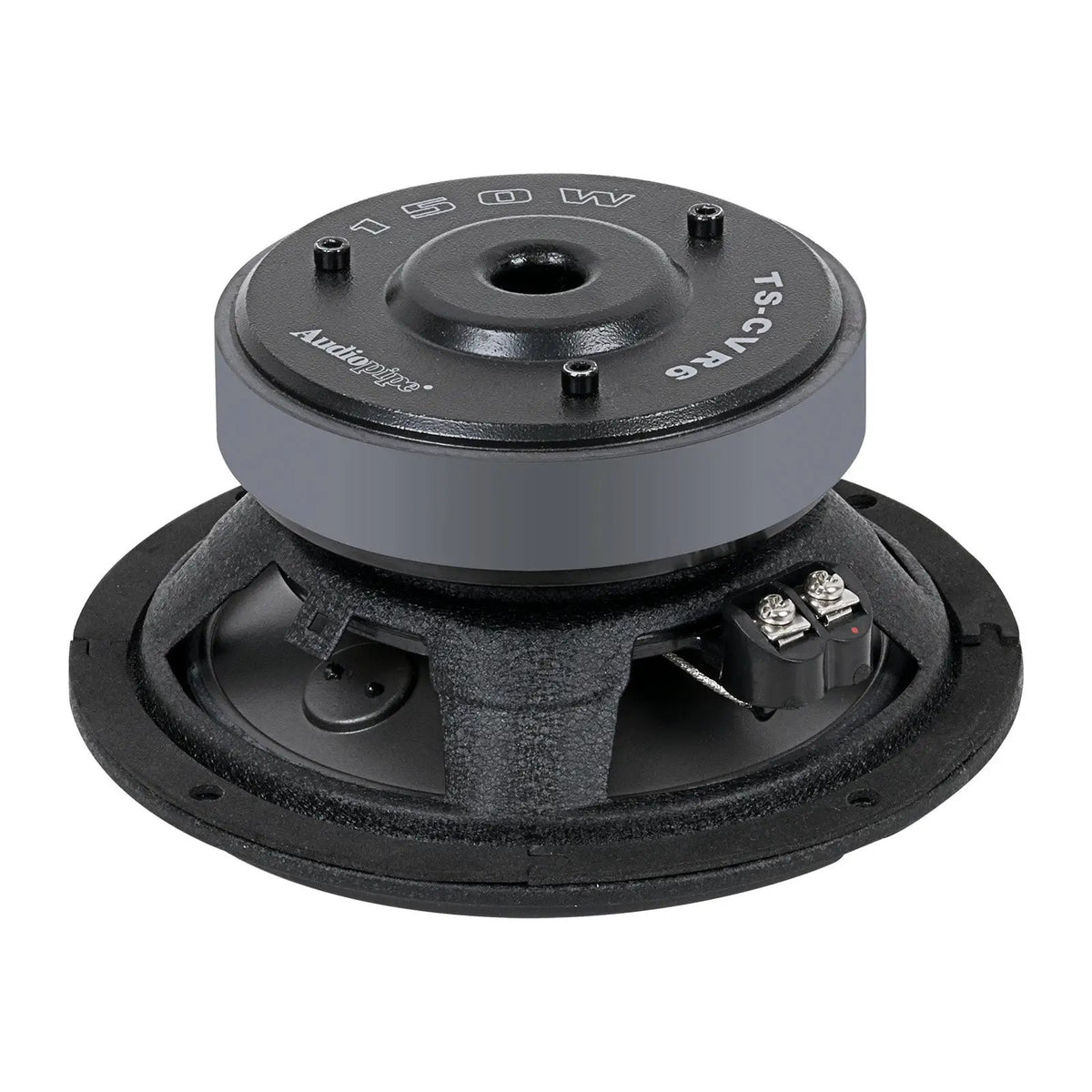 Rear view of Audiopipe woofer showing its magnet, basket and terminals