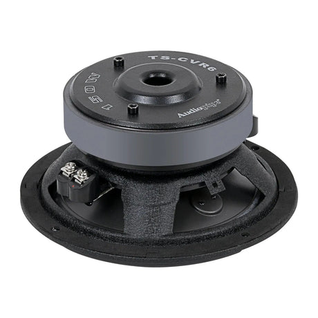 Angled rear view of Audiopipe woofer with labeled magnet and black basket