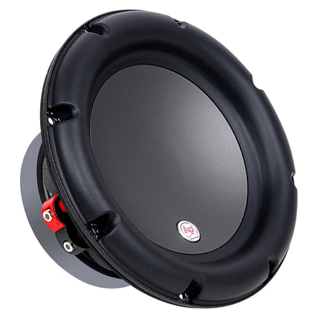 Audiopipe woofer with a smooth black cone and red terminal, angled view