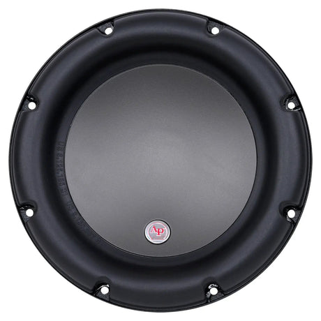 Front view of a black woofer with a smooth cone, thick surround and small AP badge