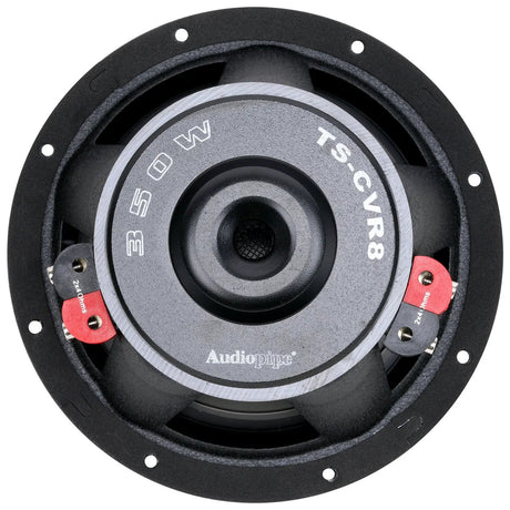 Rear view of an Audiopipe woofer showing the TS-CVR8 magnet label, central vent and red terminals