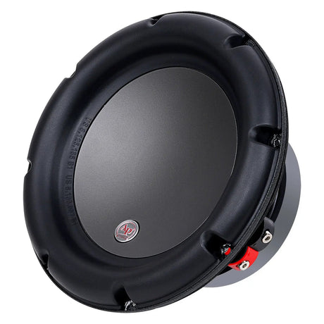 Audiopipe woofer with a smooth black cone and red terminal, opposite angled view