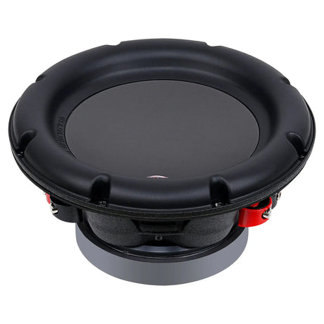 Angled front view of a black woofer with a thick surround and red terminal block at the side