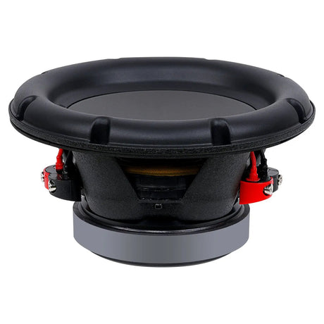 Front and side view of a black woofer showing its basket, gray magnet and red terminal blocks