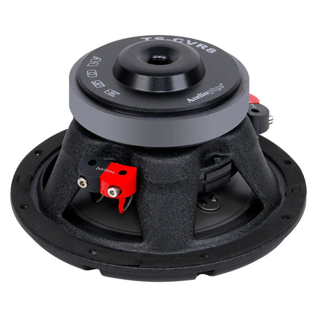 Rear angled view of an Audiopipe woofer showing its magnet, black basket and red terminal