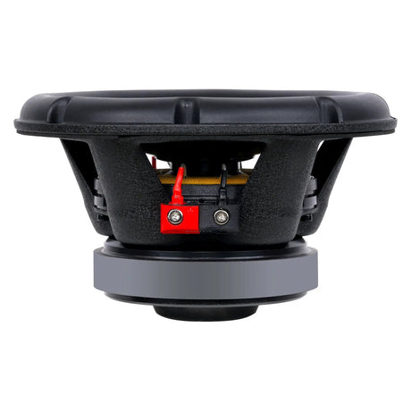 Audiopipe woofer side view showing its basket, red and black terminals and magnet